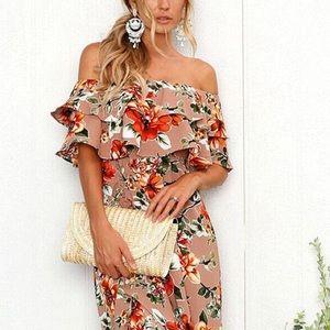 Vintage-look Off Shoulder Floral Midi Dress